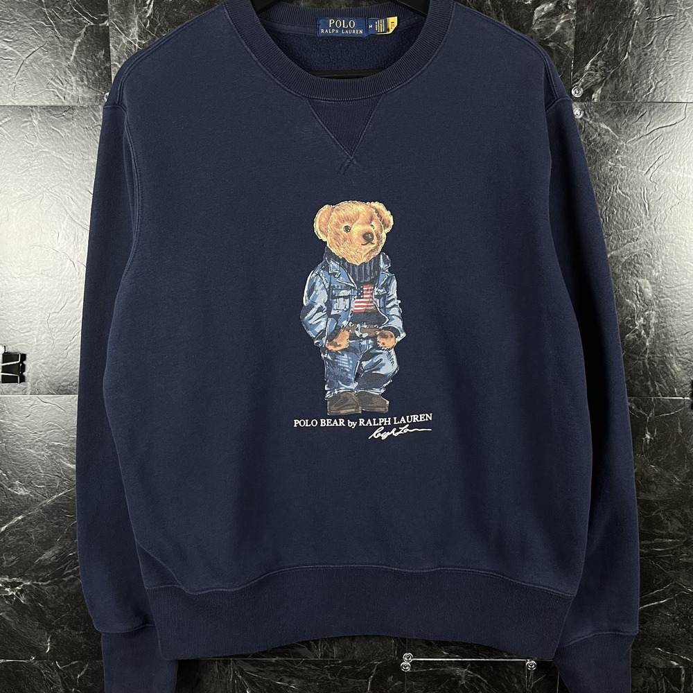 Polo Ralph Lauren Men's Navy Denim Flag Polo Bear Fleece Sweatshirt Medium